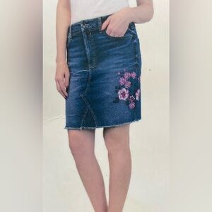 Seven7 Blue Denim Mini Skirt with Pink Floral Embroidery